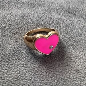 Enamel pink heart with rhinestone gold ring size 7